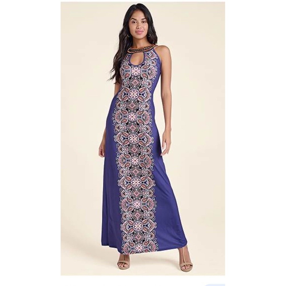 Venus Beaded Neck Cutout Sleeveless Maxi Dress Purple Tropical Paisley 1X